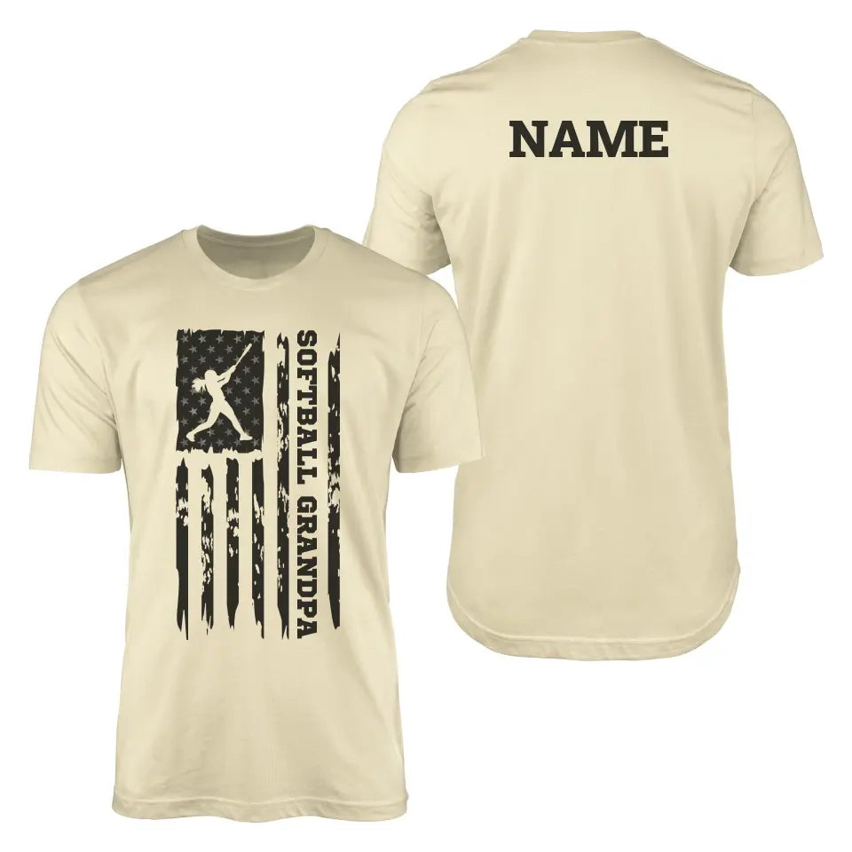 softball grandpa vertical flag with softball player name on a mens t-shirt with a black graphic