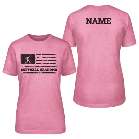 softball grandma horizontal flag with softball player name on a unisex t-shirt with a black graphic