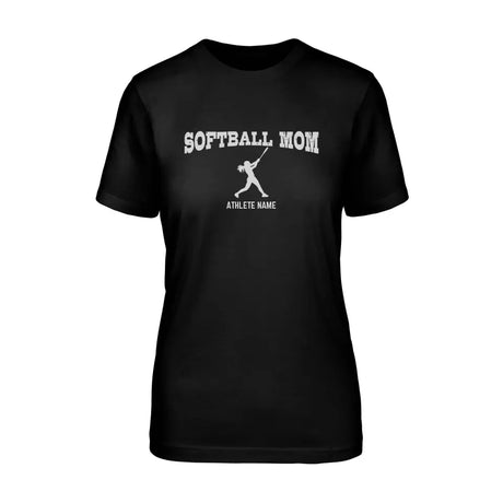 softball mom with softball player icon and softball player name on a unisex t-shirt with a white graphic