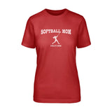 softball mom with softball player icon and softball player name on a unisex t-shirt with a white graphic