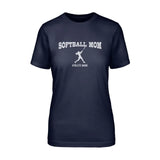 softball mom with softball player icon and softball player name on a unisex t-shirt with a white graphic