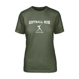 softball mom with softball player icon and softball player name on a unisex t-shirt with a white graphic