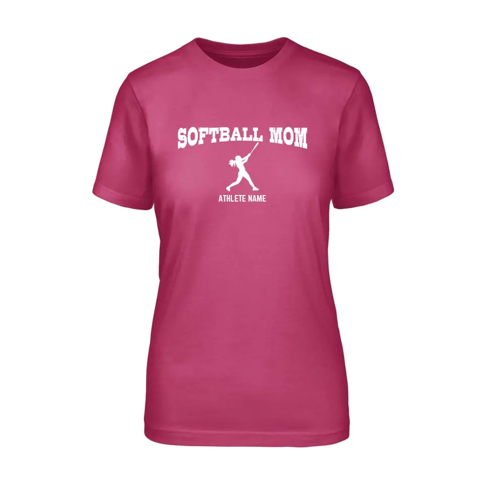 softball mom with softball player icon and softball player name on a unisex t-shirt with a white graphic