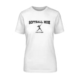 softball mom with softball player icon and softball player name on a unisex t-shirt with a black graphic