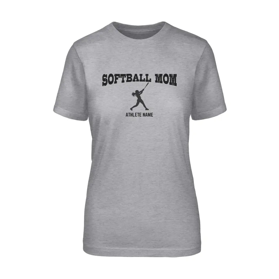 softball mom with softball player icon and softball player name on a unisex t-shirt with a black graphic