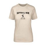 softball mom with softball player icon and softball player name on a unisex t-shirt with a black graphic