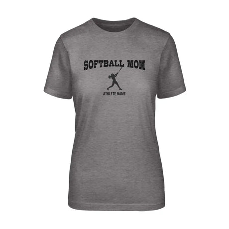 softball mom with softball player icon and softball player name on a unisex t-shirt with a black graphic