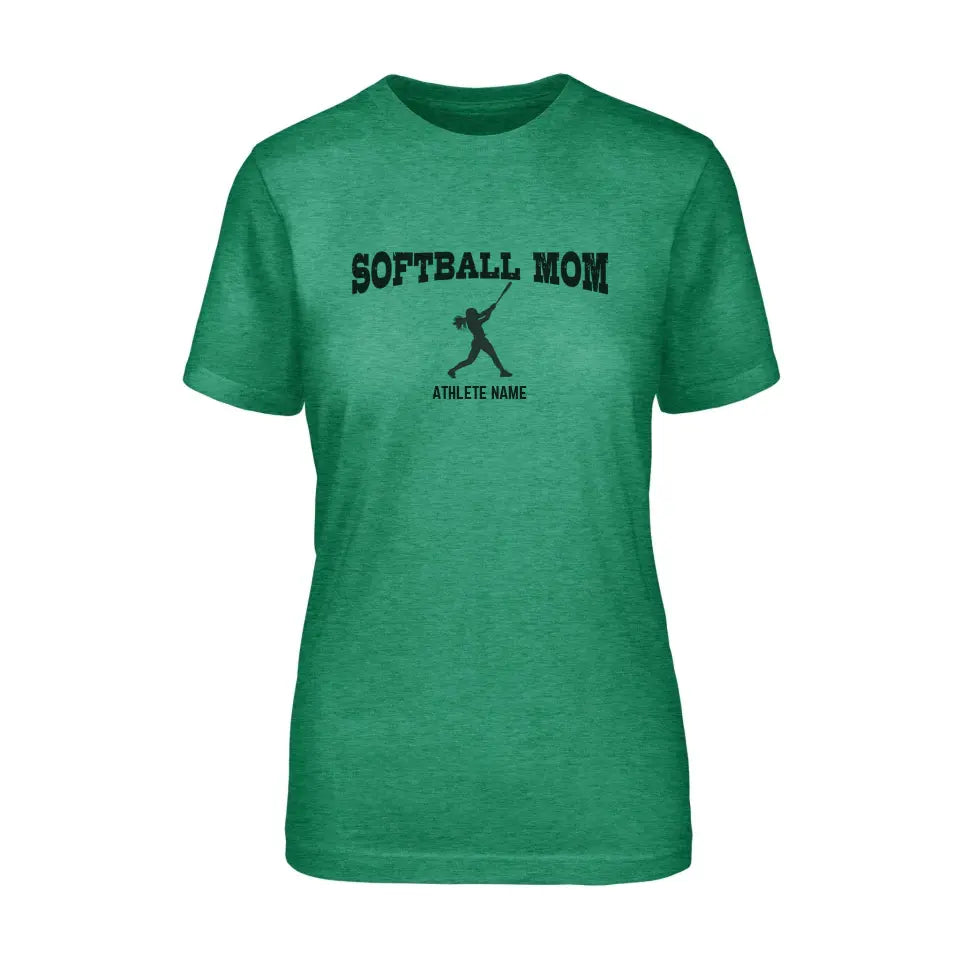 softball mom with softball player icon and softball player name on a unisex t-shirt with a black graphic