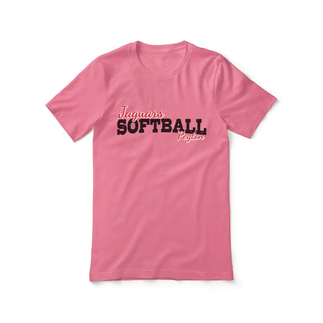 custom softball mascot and softball player name on a unisex t-shirt with a black graphic