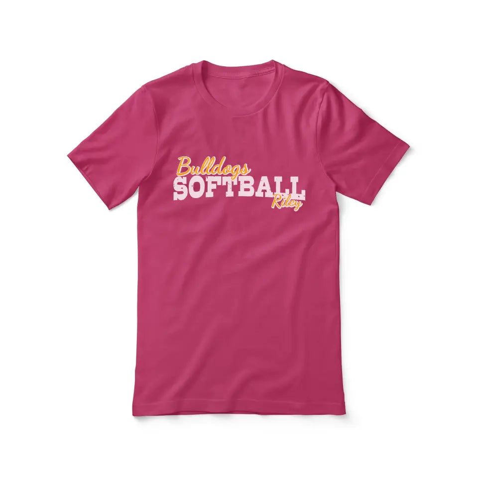 custom softball mascot and softball player name on a unisex t-shirt with a white graphic