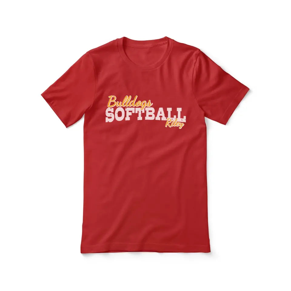 custom softball mascot and softball player name on a unisex t-shirt with a white graphic