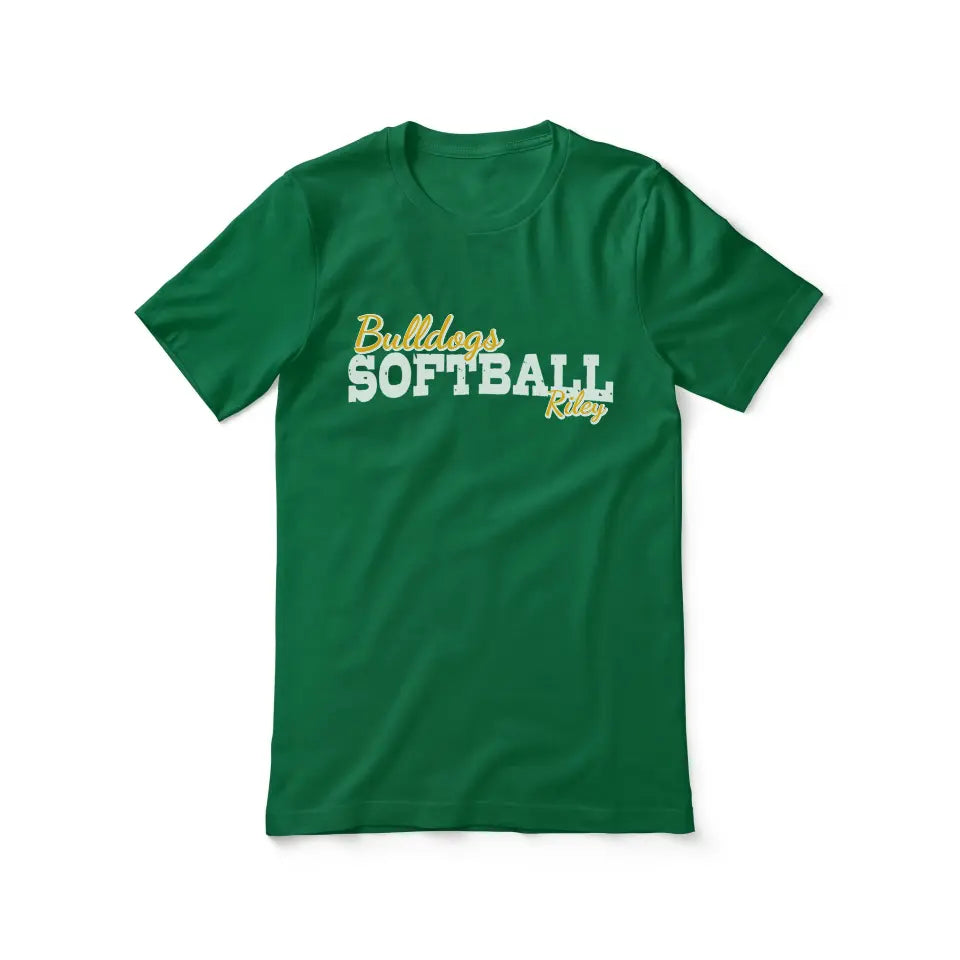 custom softball mascot and softball player name on a unisex t-shirt with a white graphic