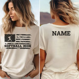 softball mom horizontal flag with softball player name on a unisex t-shirt with a black graphic