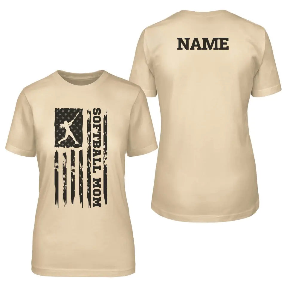 softball mom vertical flag with softball player name on a unisex t-shirt with a black graphic