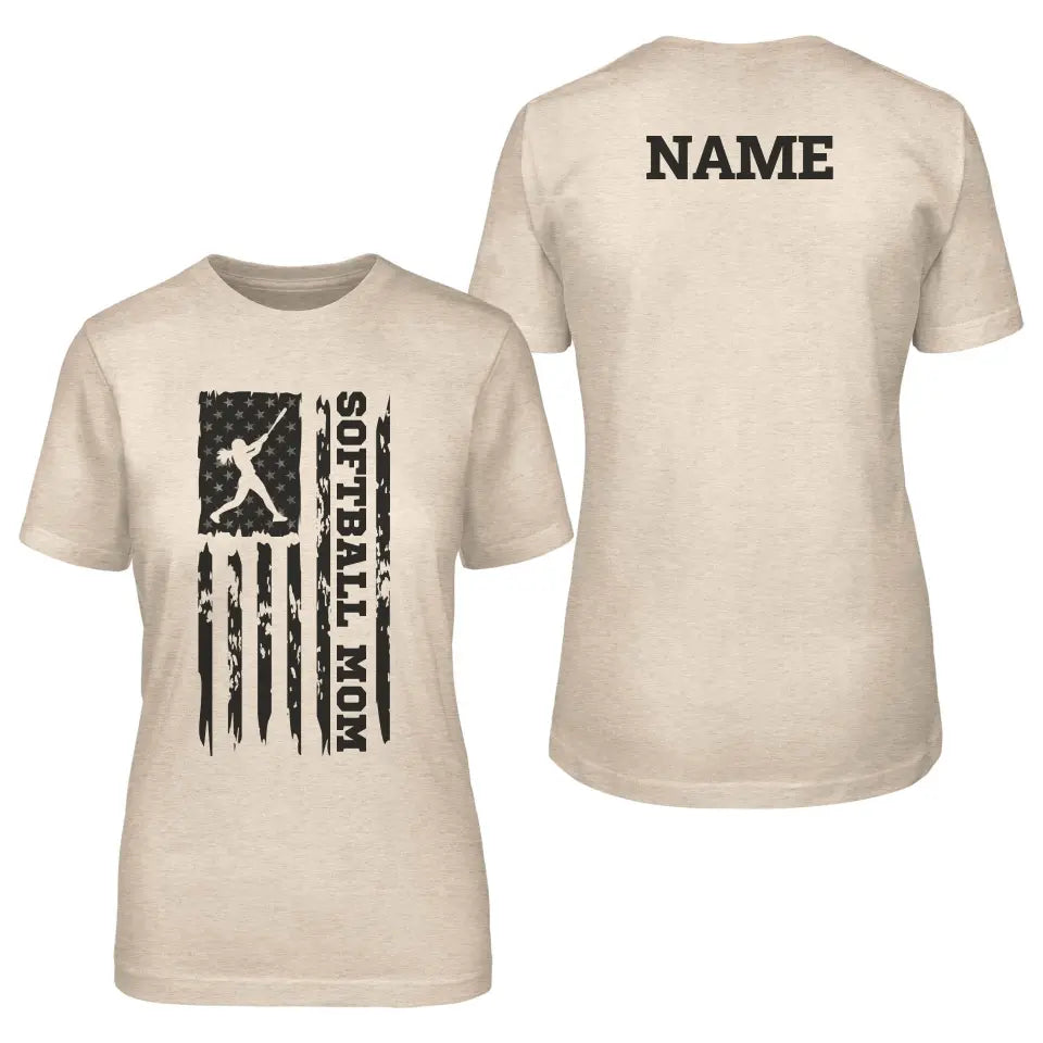 softball mom vertical flag with softball player name on a unisex t-shirt with a black graphic