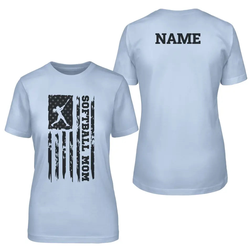 softball mom vertical flag with softball player name on a unisex t-shirt with a black graphic