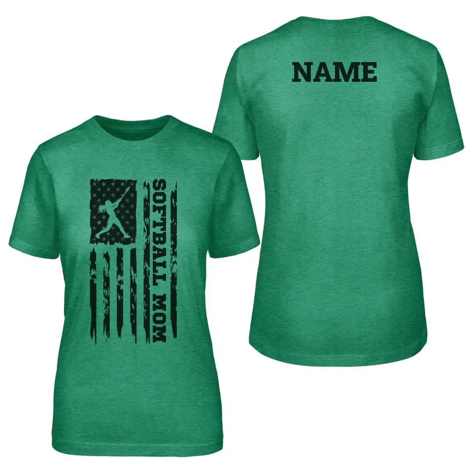 softball mom vertical flag with softball player name on a unisex t-shirt with a black graphic