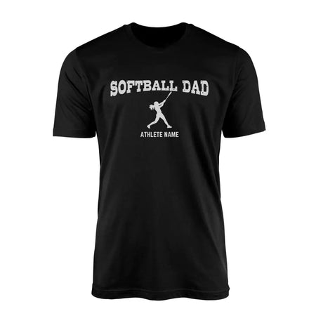 softball dad with softball player icon and softball player name on a mens t-shirt with a white graphic