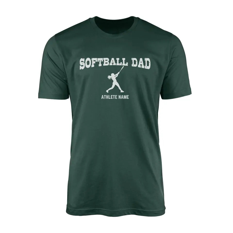 softball dad with softball player icon and softball player name on a mens t-shirt with a white graphic