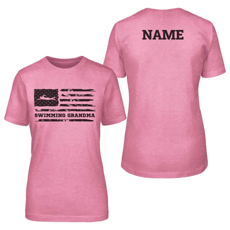 swimming grandma horizontal flag with swimmer name on a unisex t-shirt with a black graphic