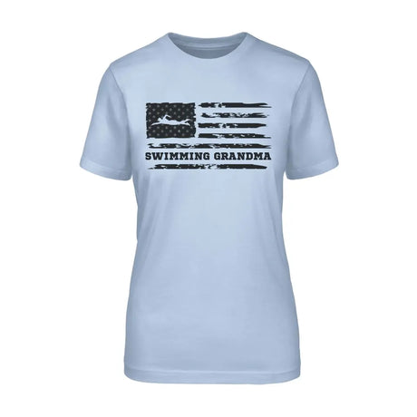 swimming grandma horizontal flag on a unisex t-shirt with a black graphic