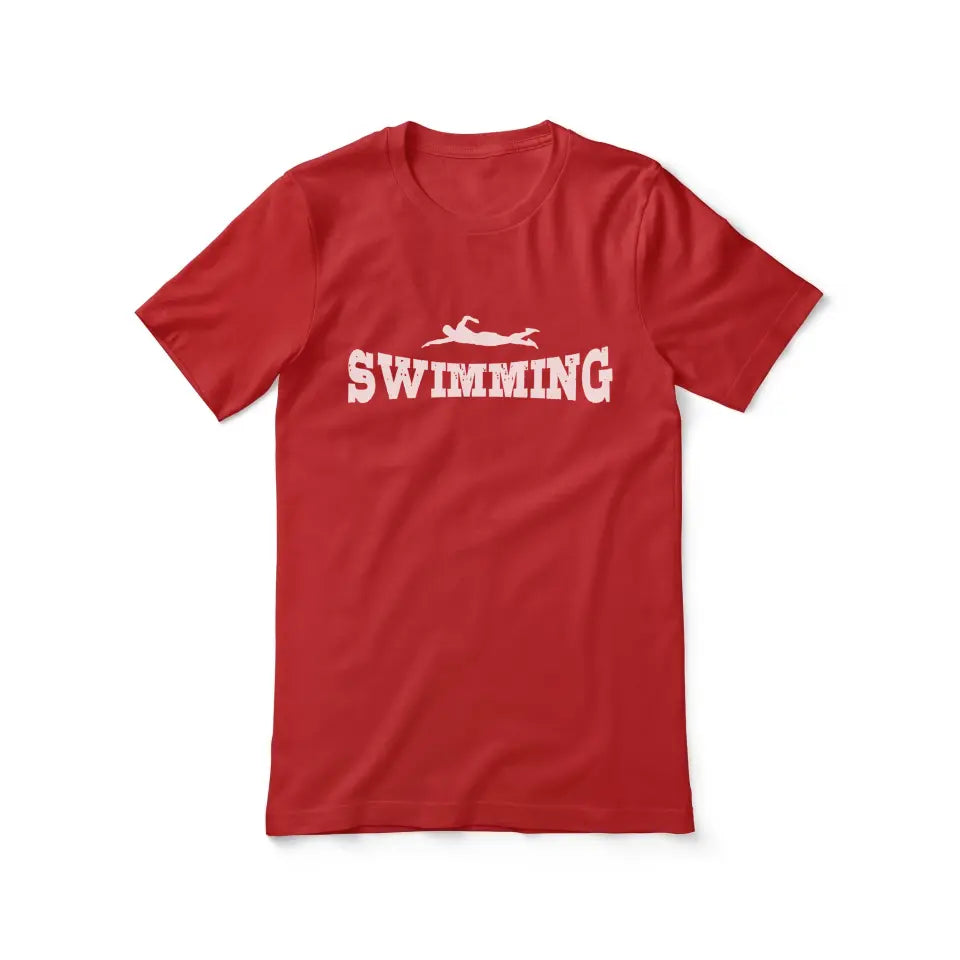 basic swimming with swimmer icon on a unisex t-shirt with a white graphic