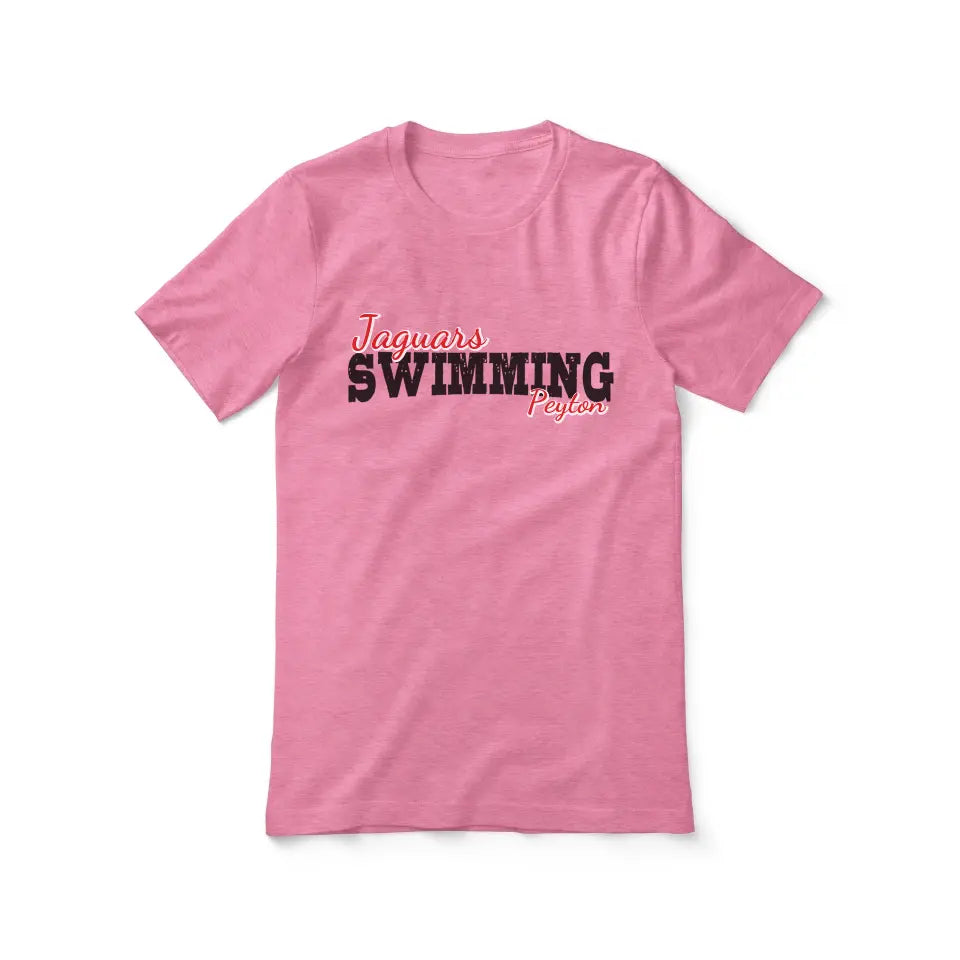 custom swimming mascot and swimmer name on a unisex t-shirt with a black graphic