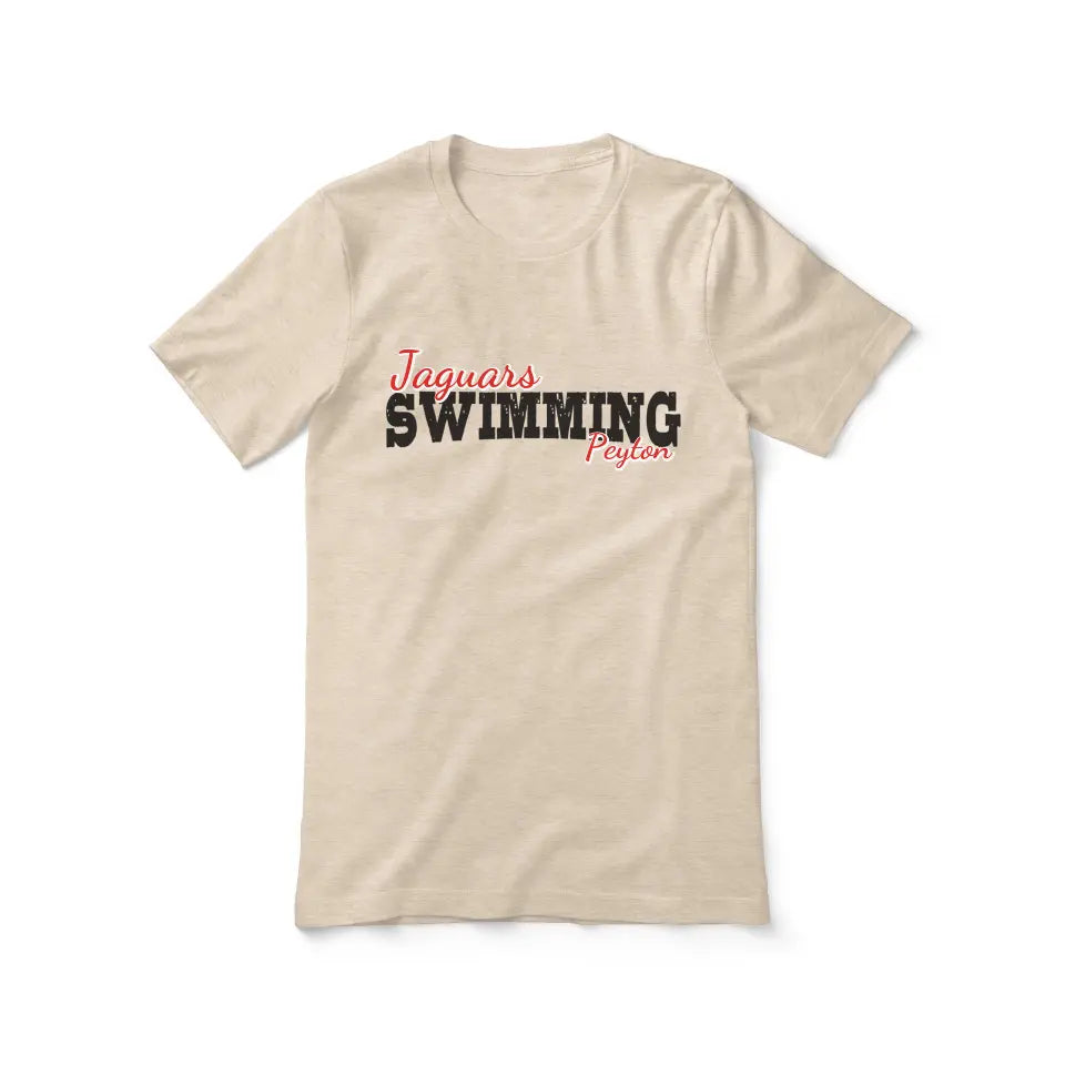 custom swimming mascot and swimmer name on a unisex t-shirt with a black graphic