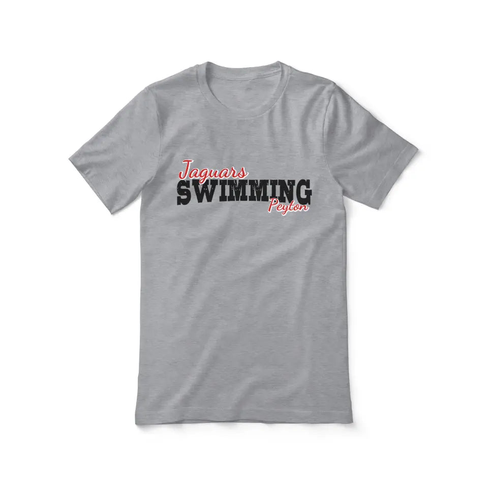 custom swimming mascot and swimmer name on a unisex t-shirt with a black graphic