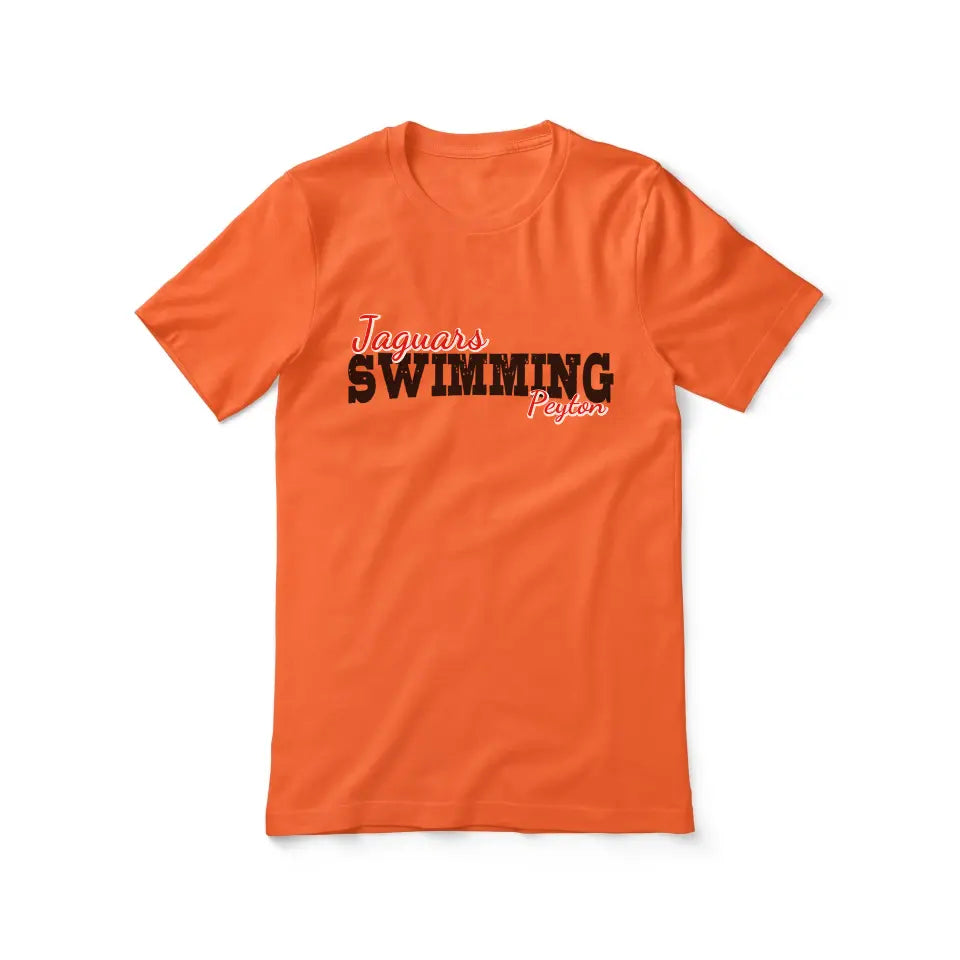 custom swimming mascot and swimmer name on a unisex t-shirt with a black graphic