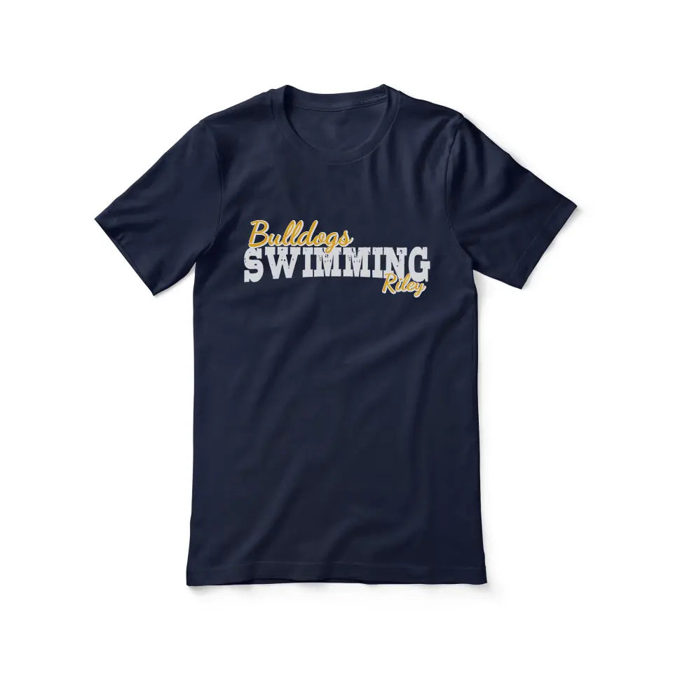 custom swimming mascot and swimmer name on a unisex t-shirt with a white graphic