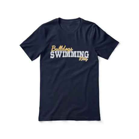 custom swimming mascot and swimmer name on a unisex t-shirt with a white graphic