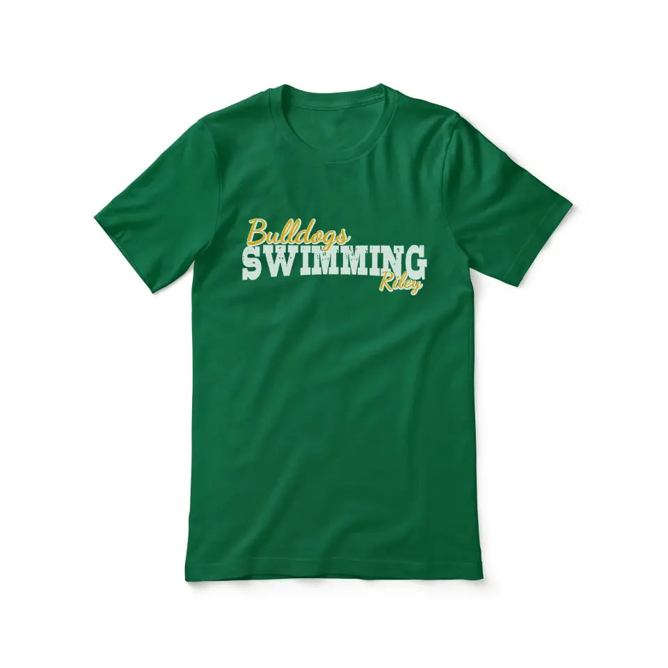 custom swimming mascot and swimmer name on a unisex t-shirt with a white graphic