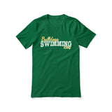 custom swimming mascot and swimmer name on a unisex t-shirt with a white graphic