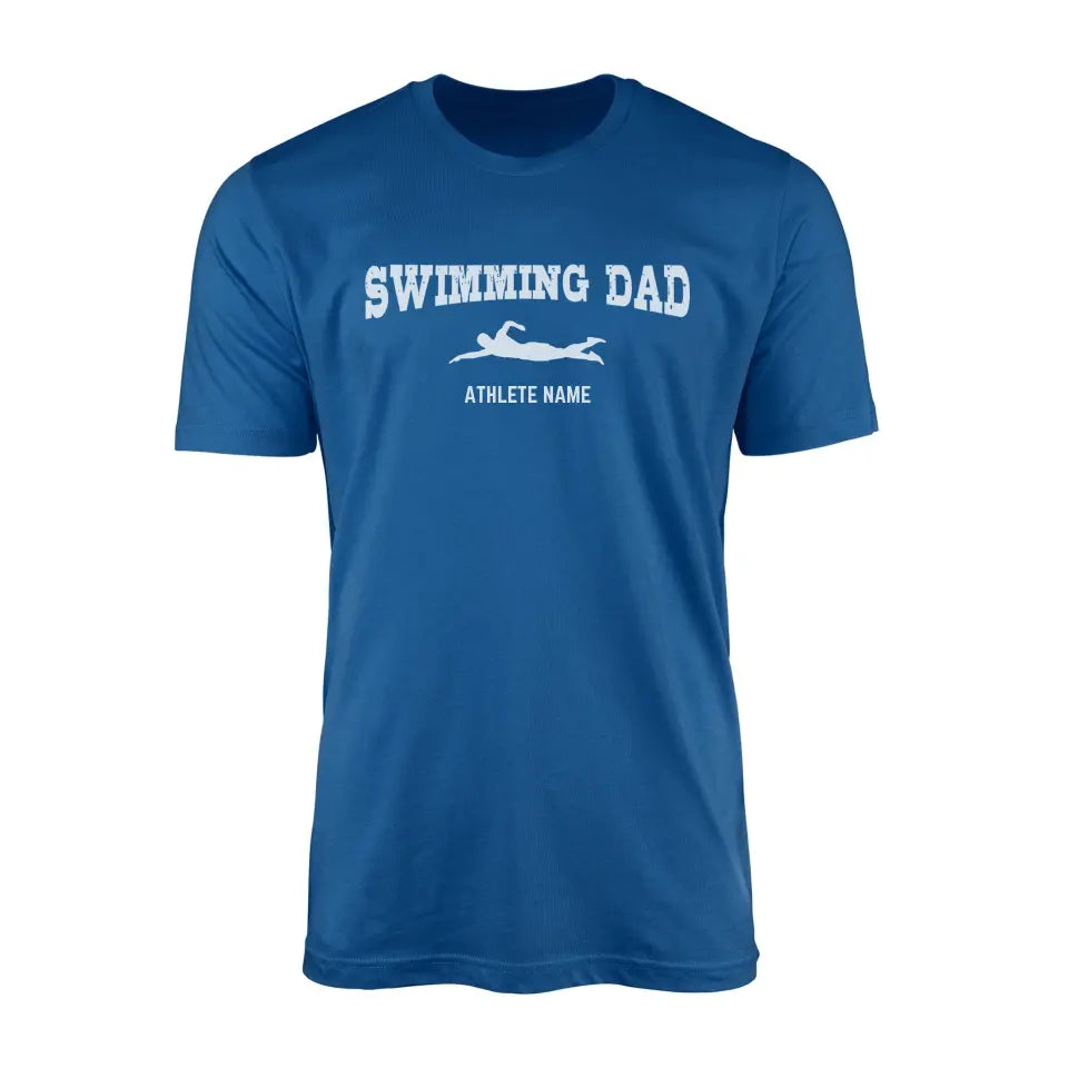 swimming dad with swimmer icon and swimmer name on a mens t-shirt with a white graphic