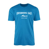 swimming dad with swimmer icon and swimmer name on a mens t-shirt with a white graphic