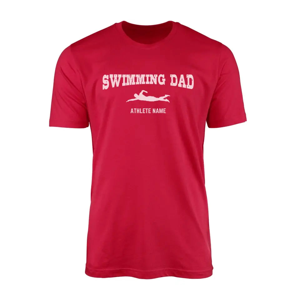 swimming dad with swimmer icon and swimmer name on a mens t-shirt with a white graphic