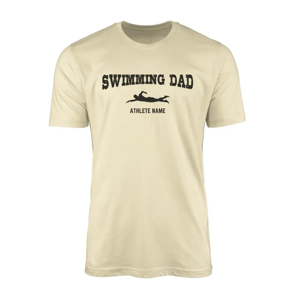 swimming dad with swimmer icon and swimmer name on a mens t-shirt with a black graphic