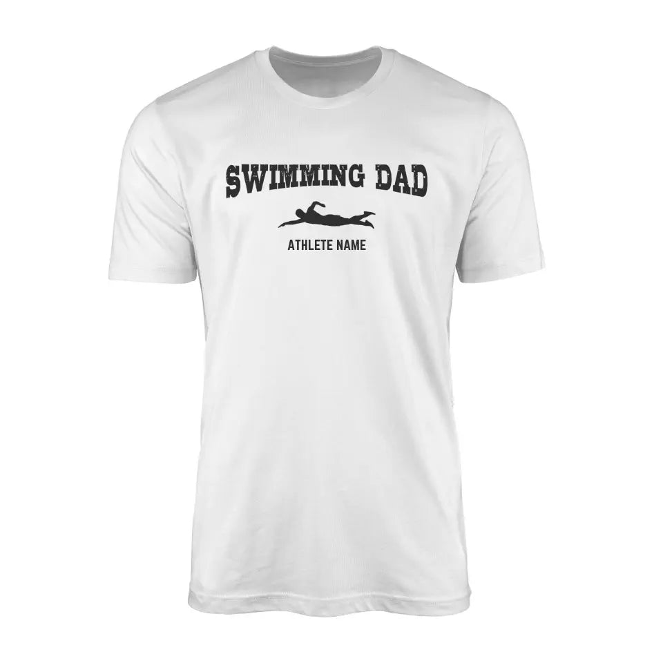 swimming dad with swimmer icon and swimmer name on a mens t-shirt with a black graphic