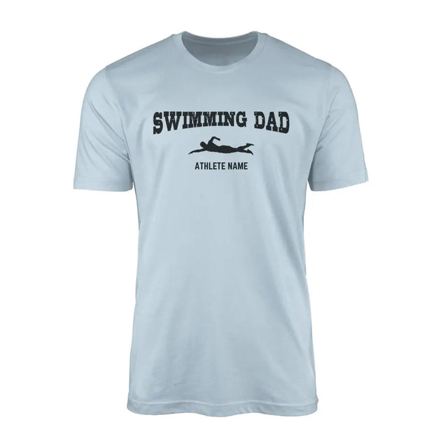 swimming dad with swimmer icon and swimmer name on a mens t-shirt with a black graphic