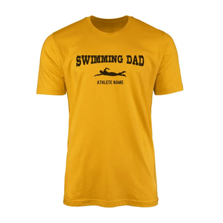 swimming dad with swimmer icon and swimmer name on a mens t-shirt with a black graphic