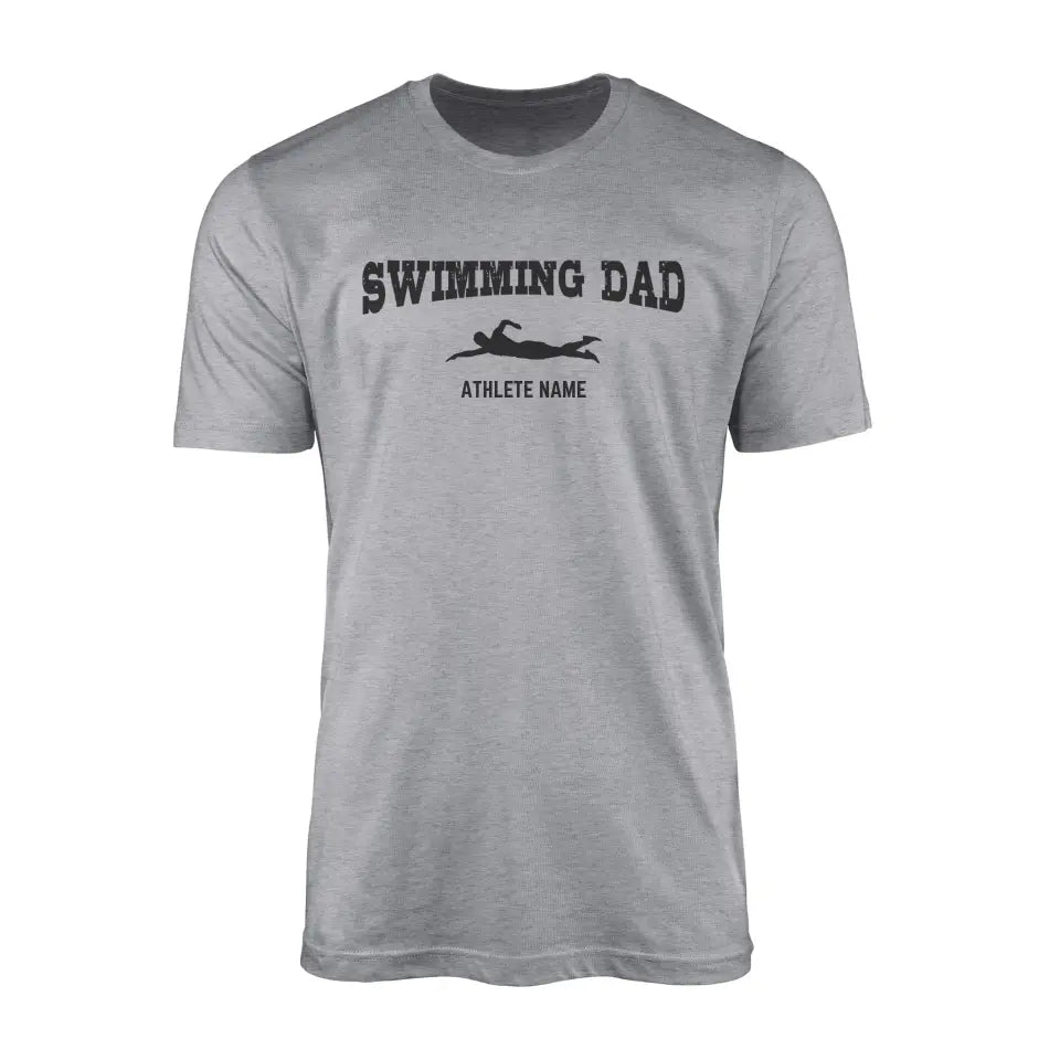 swimming dad with swimmer icon and swimmer name on a mens t-shirt with a black graphic