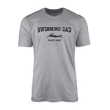 swimming dad with swimmer icon and swimmer name on a mens t-shirt with a black graphic