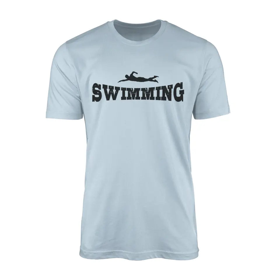 basic swimming with swimmer icon on a mens t-shirt with a black graphic