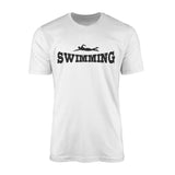 basic swimming with swimmer icon on a mens t-shirt with a black graphic