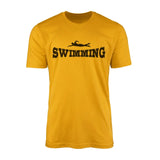 basic swimming with swimmer icon on a mens t-shirt with a black graphic