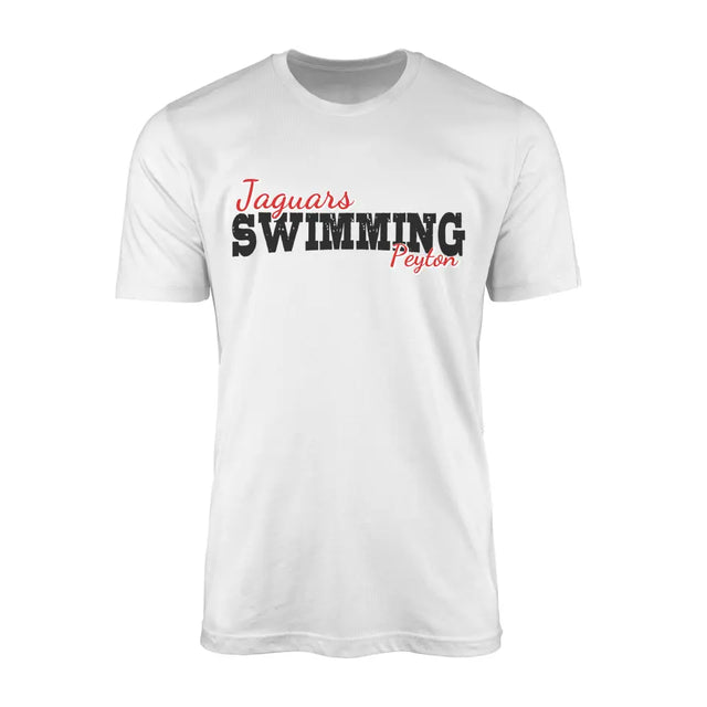 custom swimming mascot and swimmer name on a mens t-shirt with a black graphic