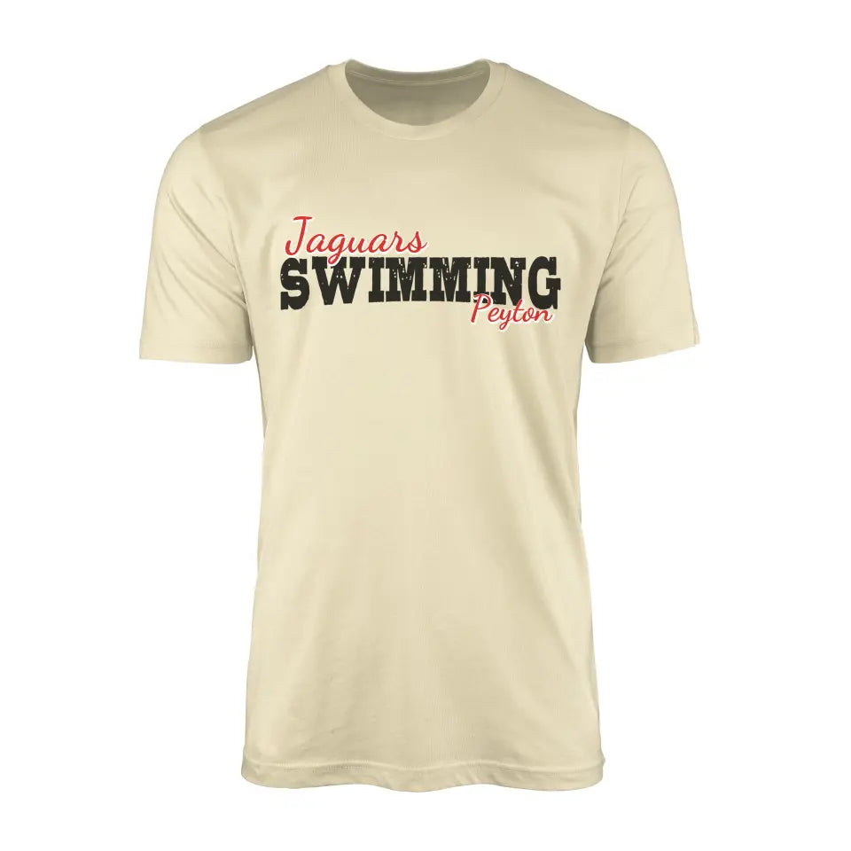 custom swimming mascot and swimmer name on a mens t-shirt with a black graphic