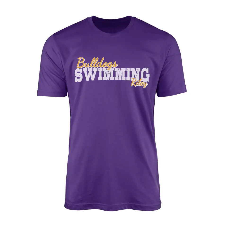 custom swimming mascot and swimmer name on a mens t-shirt with a white graphic