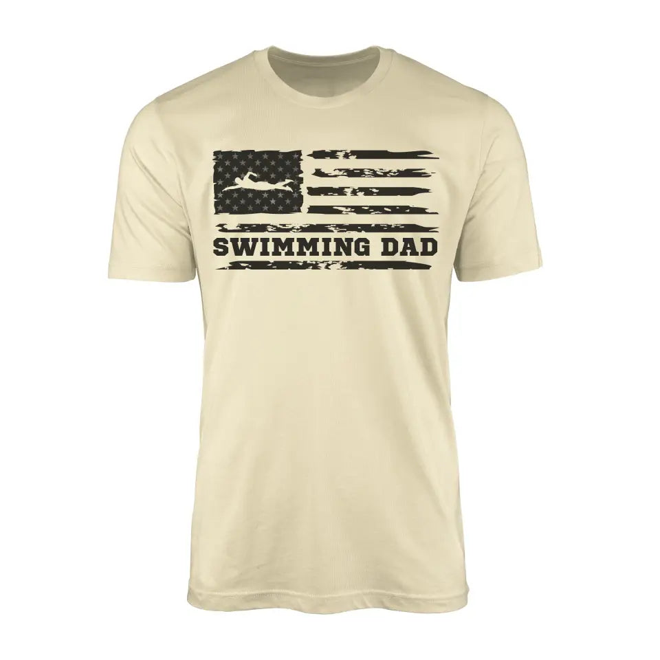 swimming dad horizontal flag on a mens t-shirt with a black graphic